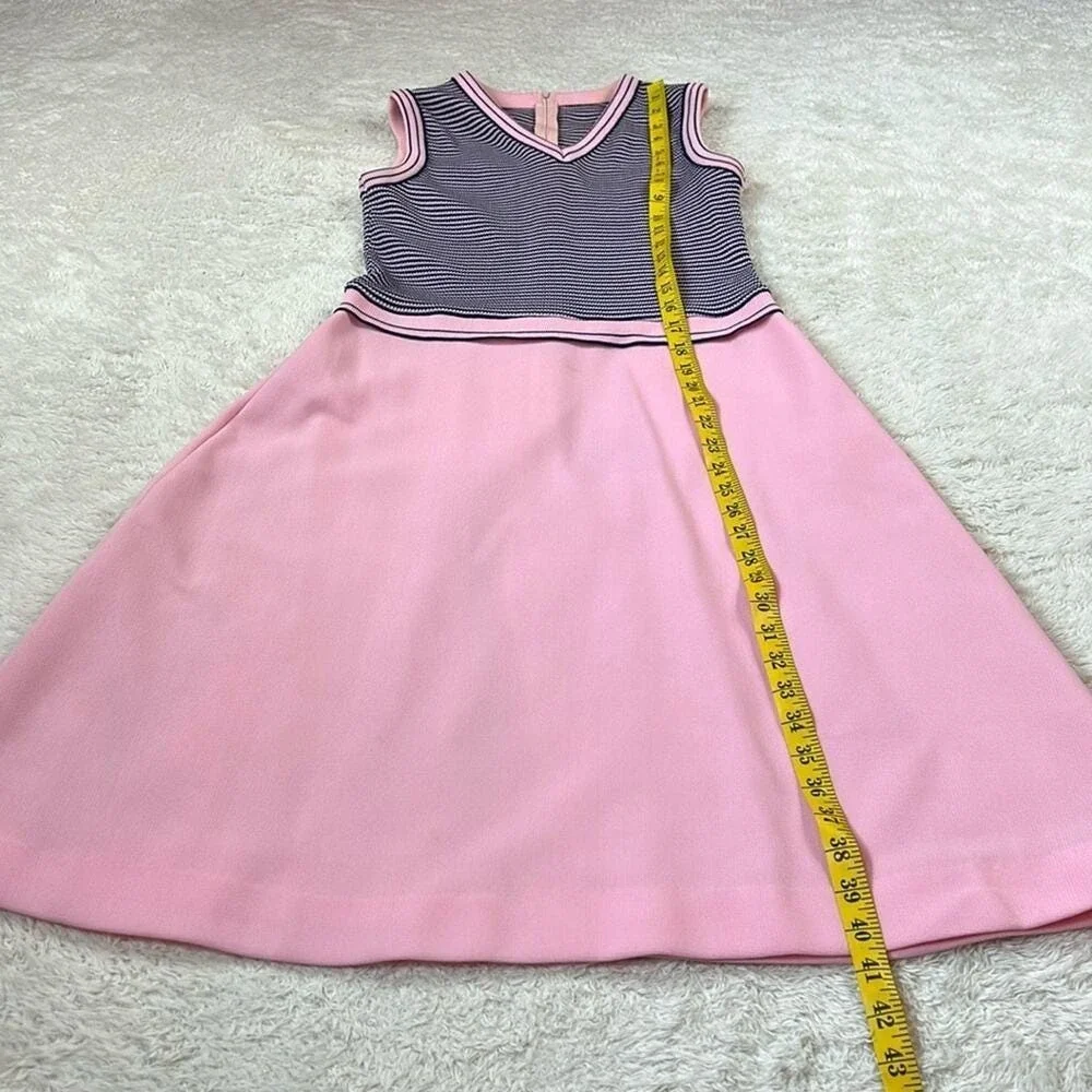 Vintage 60s 70s Striped‎ Knit Dress and Cardigan Set Pink Navy Size 16